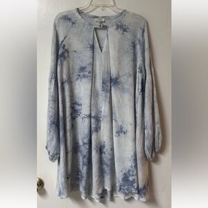 Umgee Dress Tunic Size Large Blue White Keyhole Balloon Sleeves Lightweight